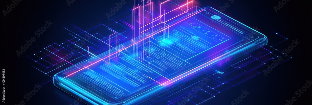 Aufkleber a futuristic smartphone with glowing digital elements and data streams.