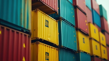 Fototapeta premium Stacked shipping containers in vibrant colors, showcasing industrial logistics.