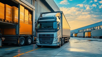 A truck parked at a loading dock with containers in a warehouse setting during sunset.