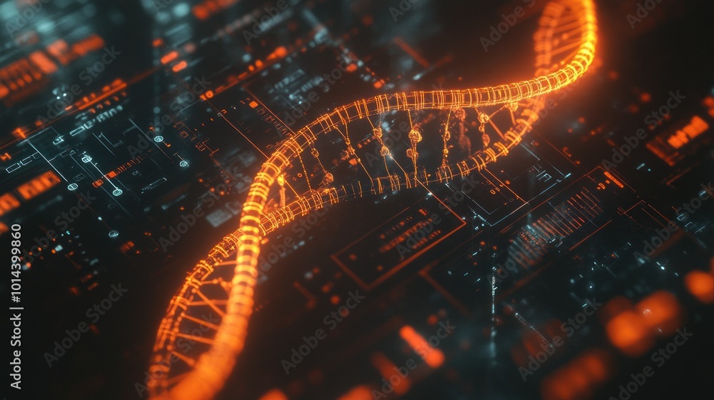 Poster abstract representation of dna strands intertwined with digital circuitry.