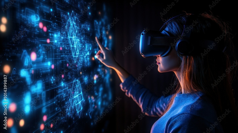 Poster a person using a vr headset interacts with a digital interface filled with data and graphics.