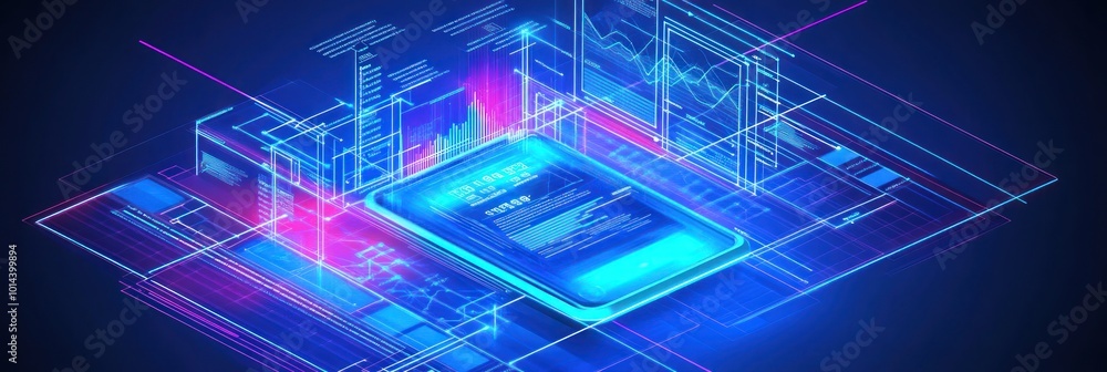Poster a futuristic smartphone surrounded by data visualizations and holographic elements.