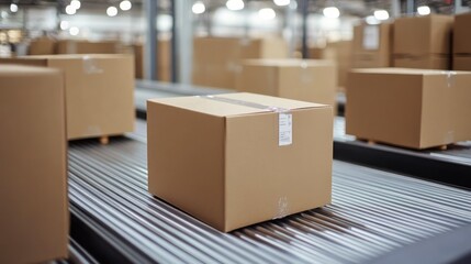 A single cardboard box on a conveyor belt in a warehouse setting.
