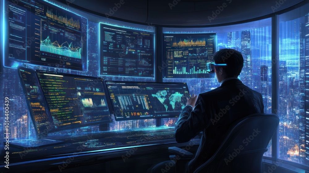 Poster a person in a suit analyzes data on multiple screens in a futuristic office setting.