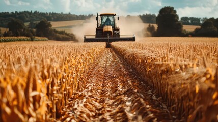 Obraz premium A tractor harvests golden fields under a sunny sky, kicking up dust and showcasing the rural agricultural landscape.