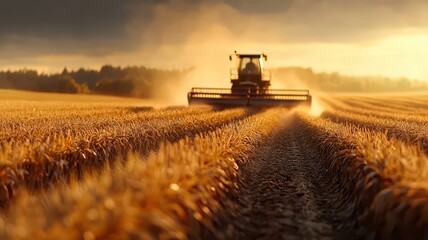 Fototapeta premium A combine harvester works in a golden wheat field under a dramatic sky, capturing the essence of agriculture and harvest season.