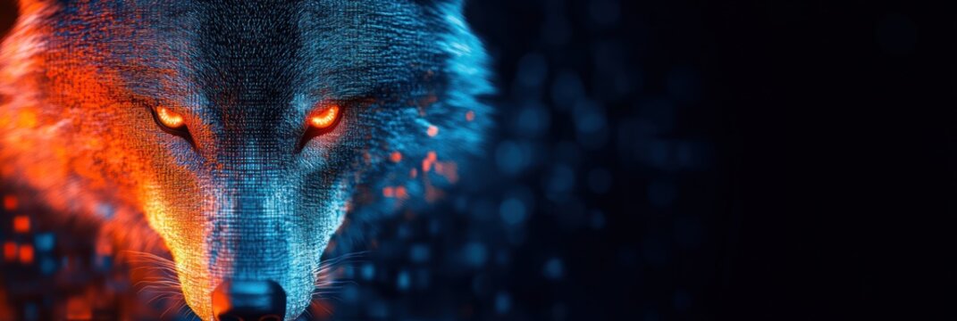 A stylized wolf with glowing eyes against a dark, digital background.
