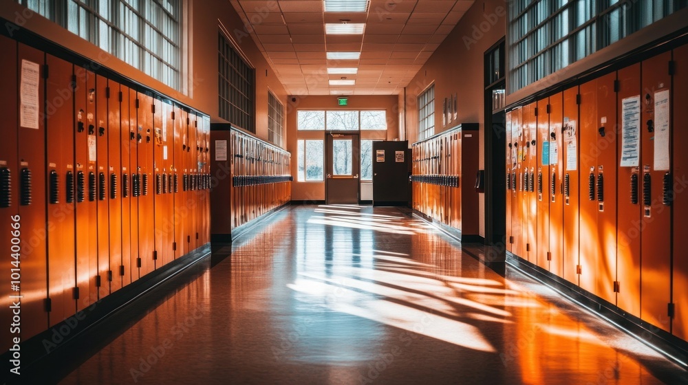 Wall mural A brightly lit school hallway with orange lockers and sunlight casting shadows.