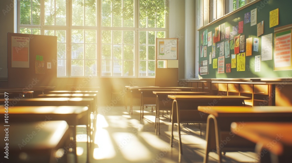 Poster a sunlit classroom with empty desks and a bulletin board filled with colorful notices.