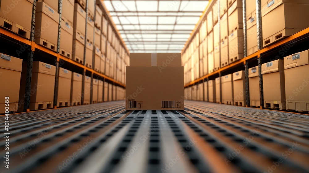 Canvas Prints A warehouse aisle with stacked boxes and a single box in the foreground.