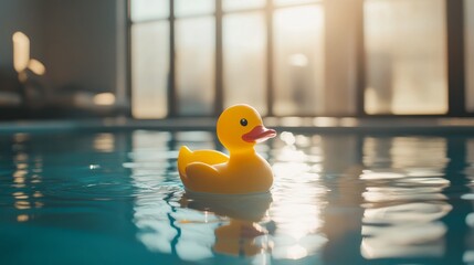 Minimalistic shot of a yellow plastic duck in the center of a pool, clear windows reflecting sunlight, adding warmth to the tranquil setting