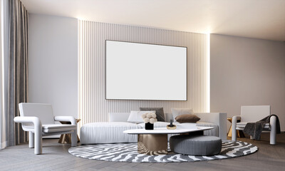 Home and living decor and modern white interior design with white sofa and empty white tile and marble wall pattern background and canvas frame. 3d rendering
