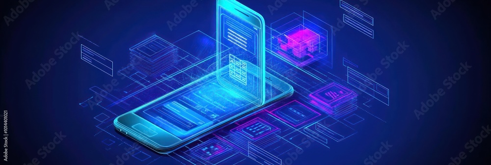 Poster a digital smartphone displaying holographic data and technology elements.