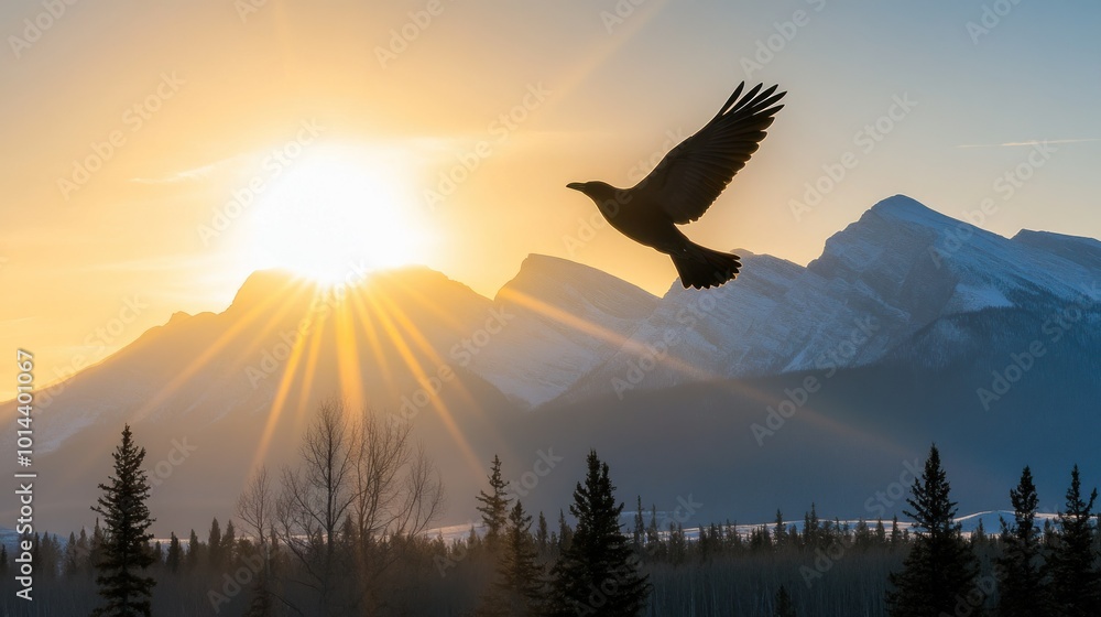 Sticker A silhouette of a bird flying against a stunning sunrise over snow-capped mountains.