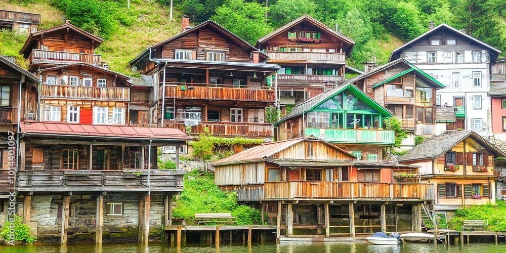 Canvas Prints Beautiful village in the mountain valley near lake. Mountains landscape and old town. Travel 