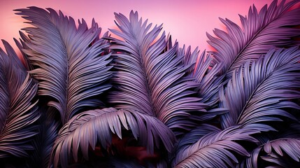 Fototapeta premium A vibrant tapestry of purple palm fronds, capturing a moment of serene beauty against a backdrop of soft pink hues.