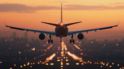 Airplane landing at sunset with bright landing lights illuminating the runway.