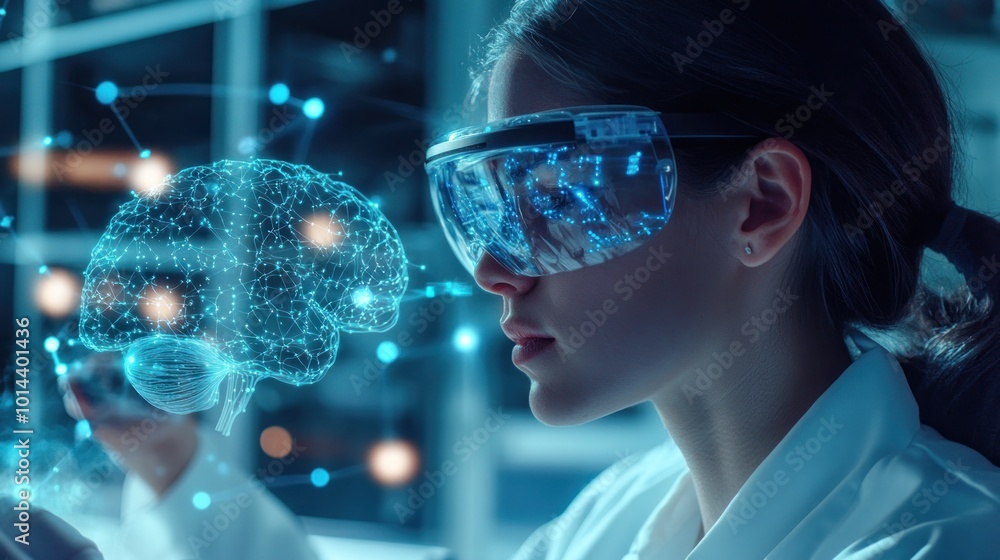 Poster a scientist wearing augmented reality glasses visualizes a brain model in a lab setting.