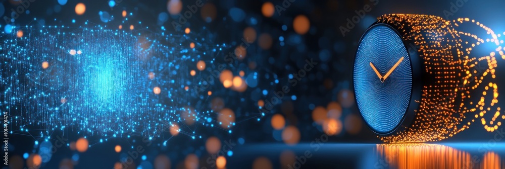 Poster abstract digital clock with glowing particles and light effects.