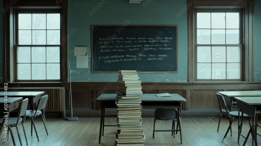 Poster a quiet classroom with a stack of books beside empty desks and a chalkboard.