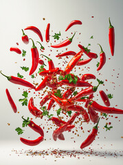 Many red peppers and parsleys are flying around On a white background