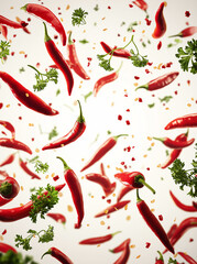 Many red peppers and parsleys are flying around On a white background