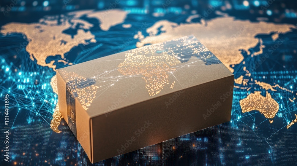 Poster a stylized package with a map overlay on a digital background representing global logistics.