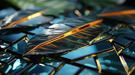 Golden Veins on a Leaf Resting on a Mosaic of Dark and Deep Emerald Green Tiles