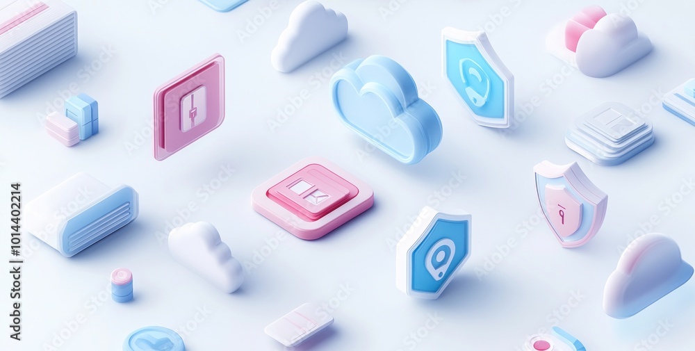 Poster a collection of colorful 3d icons representing digital technology and cloud services.