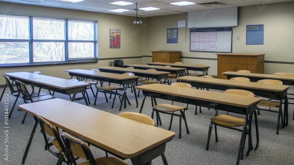 Poster a classroom setting with desks arranged for learning and collaboration.