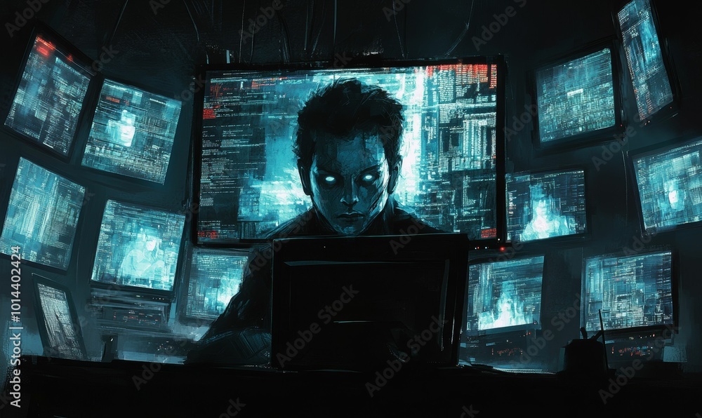 Poster hacker surrounded by glowing monitors.