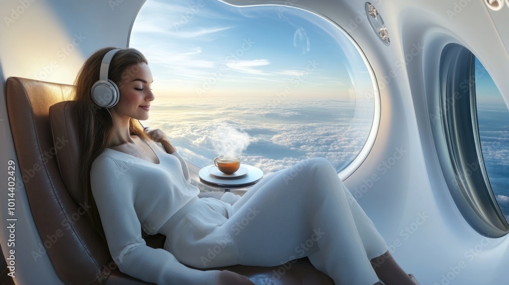 Poster a serene traveler enjoying a drink while relaxing in an airplane with a scenic view.