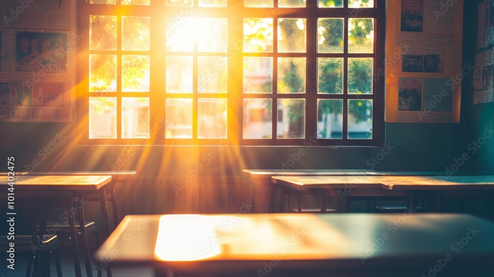 Poster sunlight streams through classroom windows, illuminating empty desks in a serene atmosphere.