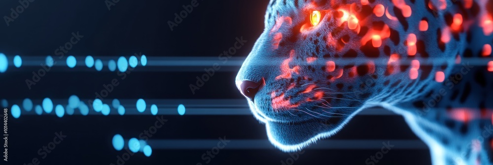 Poster a digital illustration of a leopard's head with glowing features and dynamic light effects.