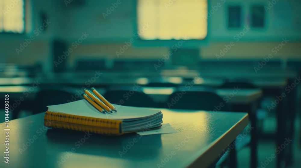 Poster a quiet classroom with a notebook and pens on a desk, emphasizing learning and study.