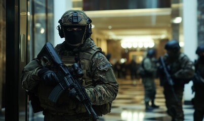 Camouflaged soldier holding rifle, blurry background.