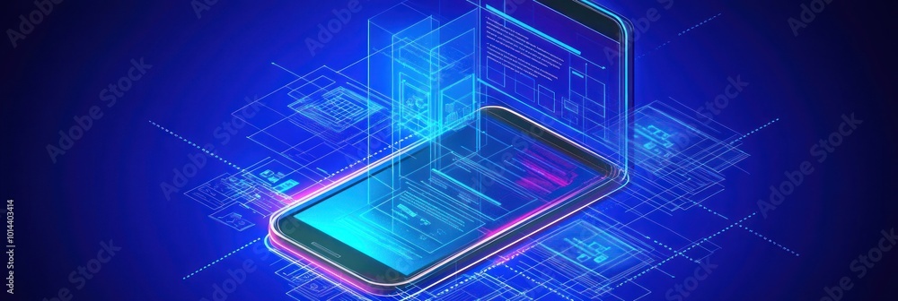 Poster digital representation of smartphones with holographic data elements.