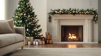 A cozy living room featuring a decorated Christmas tree, glowing fireplace, and beautifully wrapped gifts. The atmosphere feels warm and inviting. Interior room Christmas Decor Concept