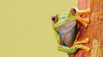 Green tree frog with red eyes on tree bark.