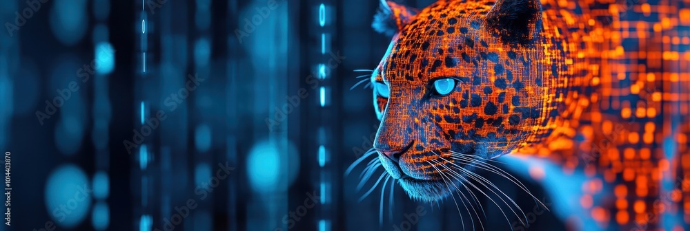 Poster a digital representation of a leopard with a futuristic, tech-inspired background.