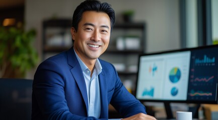 Fototapeta premium Asian corporate professional office setting reviewing performance metrics smiling businessman late thirties black hair sideburns business colleagues