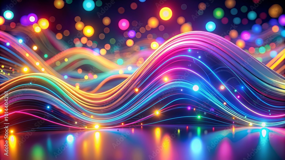 Aufkleber Dynamic 3D abstract neon scenery highlighted by luminous wavy lines and colorful bokeh lights, offering an eye-catching