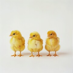Three fluffy yellow chicks standing in a row.