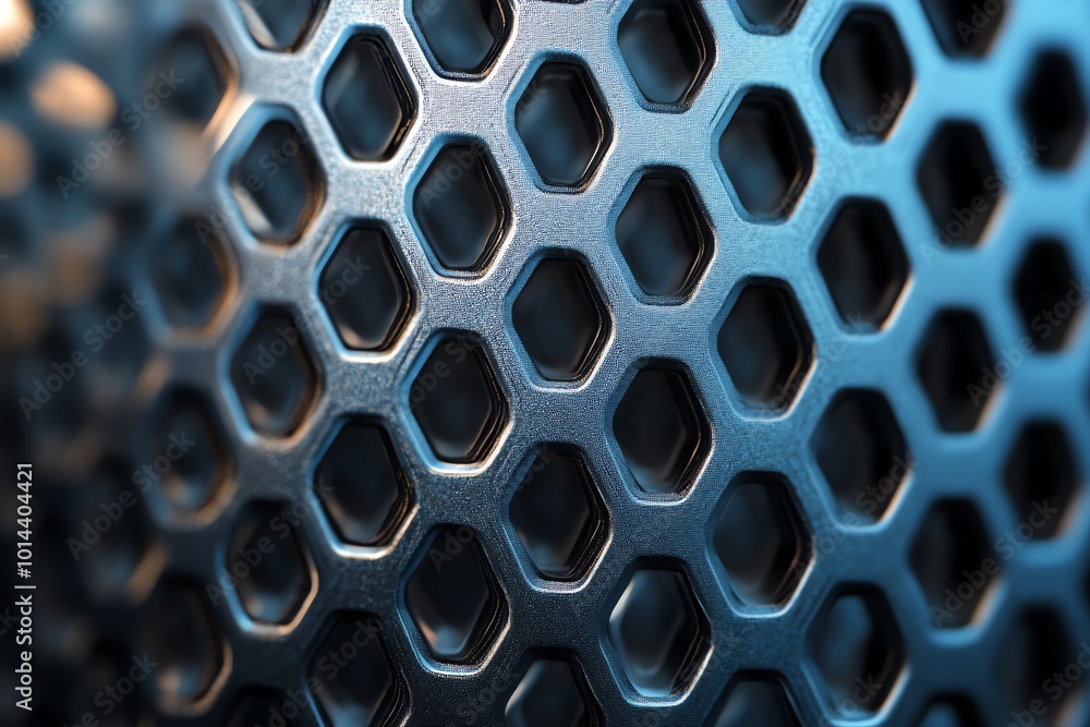 Poster a close-up view of a metallic hexagonal pattern with a blue-toned background.