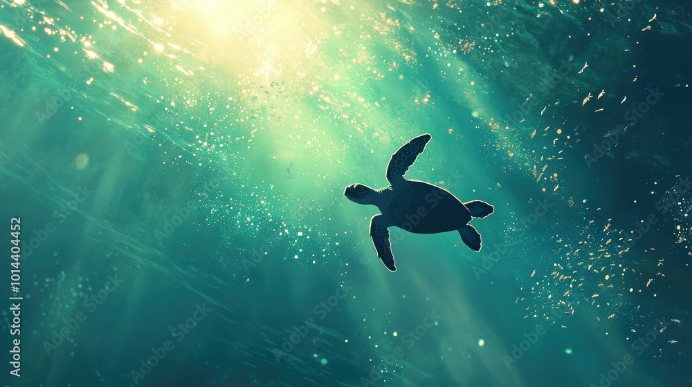 Wall mural A serene underwater scene featuring a turtle swimming through sunlit water.