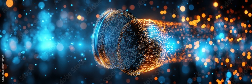 Poster abstract representation of motion with vibrant particles and light effects.
