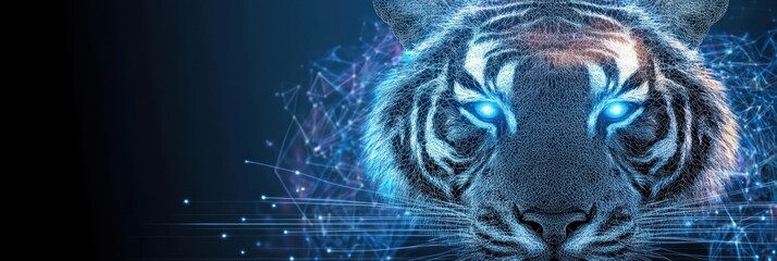 A digital illustration of a tiger's head with glowing blue eyes and abstract technology elements.
