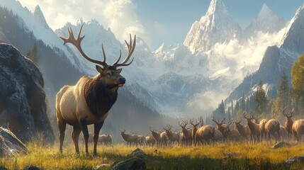 A majestic elk stands in a scenic landscape with mountains and a herd in the background.