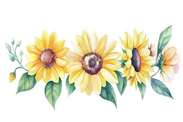Naklejka premium A vibrant watercolor illustration of sunflowers arranged in a row, showcasing their bright yellow petals and green leaves.