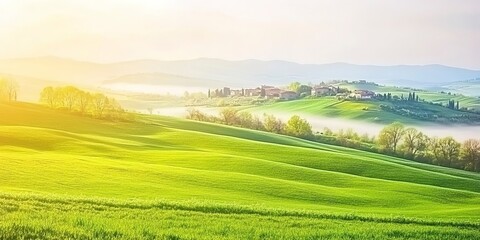Obraz premium Amazing spring landscape with green rolling hills and farm houses in the heart of Tuscany in morning haze 